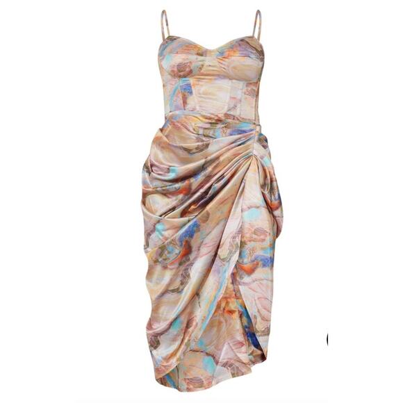 PrettyLittleThing Multi Marble Print Satin Ruched Corset Midi Dress - Picture 1 of 5